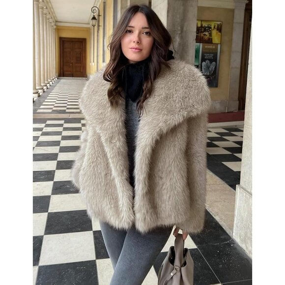 Womens Apricot Faux Fur Coat Fluffy Shaggy Long Sleeve Winter Warm Jacket - Picture 2 of 7